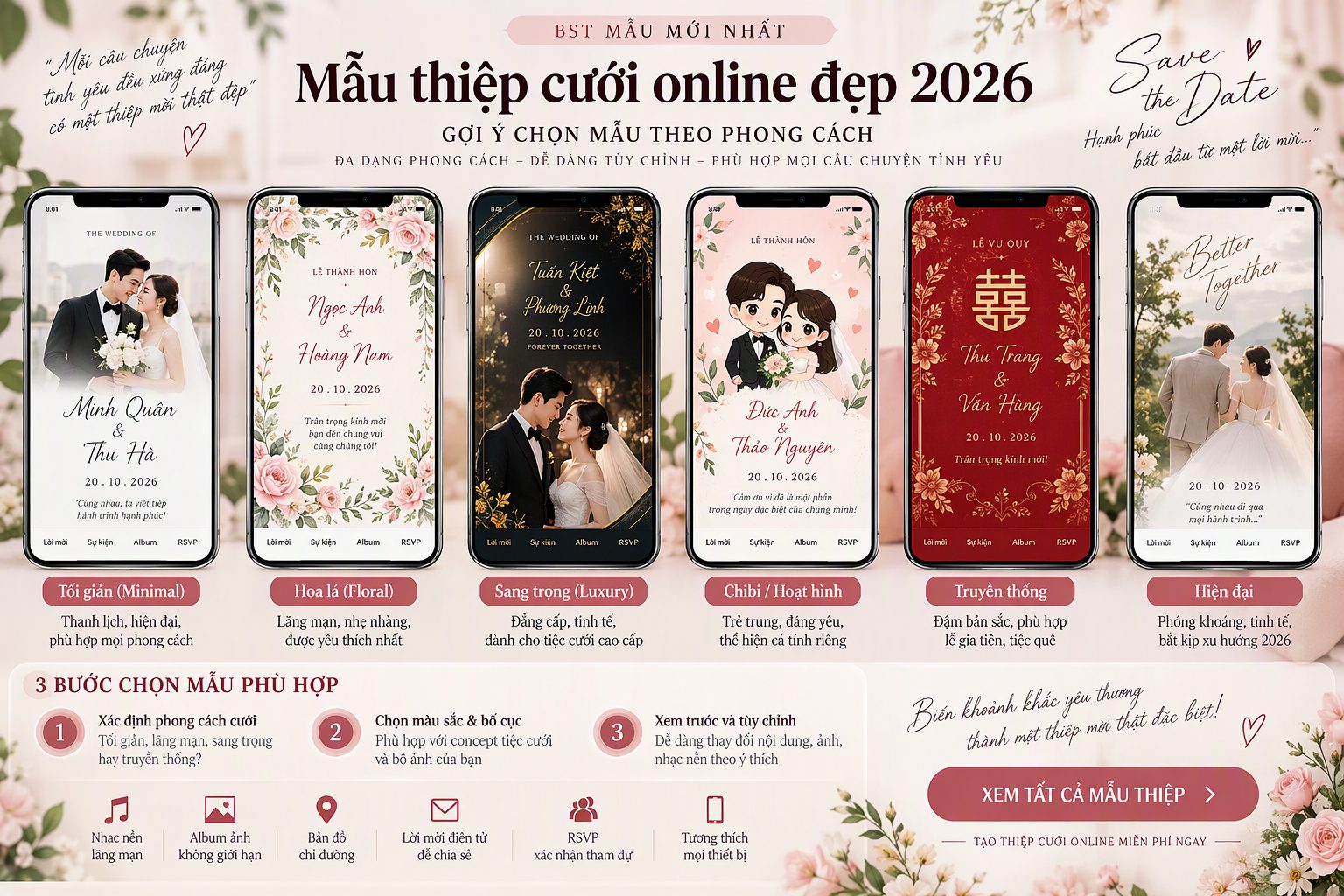 Mẫu thiệp cưới online đẹp 2026: gợi ý chọn mẫu theo phong cách