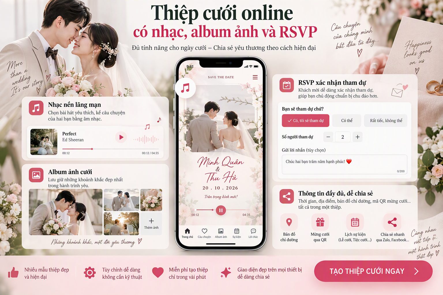 Thiệp cưới online có nhạc, album ảnh và RSVP: đủ tính năng cho ngày cưới