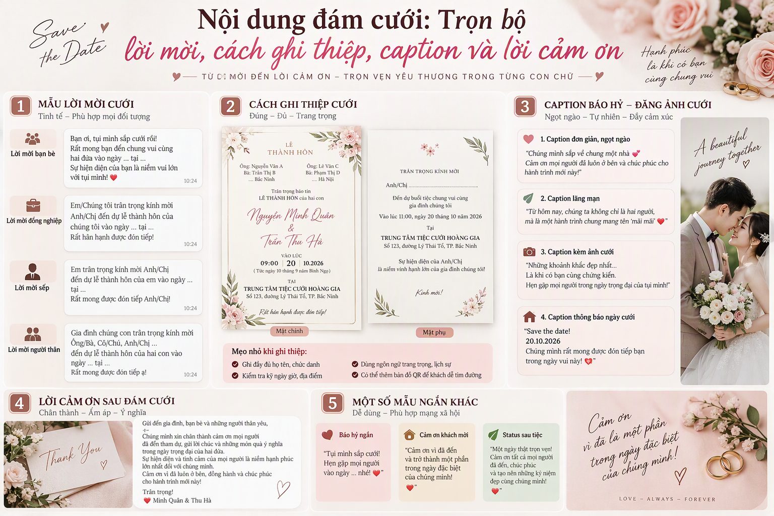 Nội dung đám cưới: trọn bộ lời mời, cách ghi thiệp, caption và lời cảm ơn