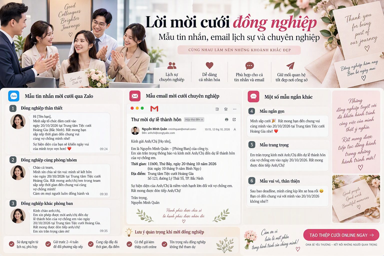 Lời mời cưới đồng nghiệp: mẫu tin nhắn, email lịch sự và chuyên nghiệp