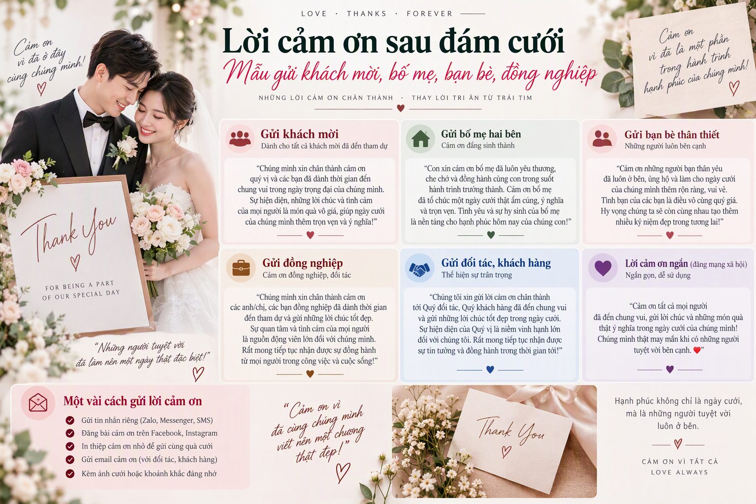 Lời cảm ơn sau đám cưới: mẫu gửi khách mời, bố mẹ, bạn bè, đồng nghiệp