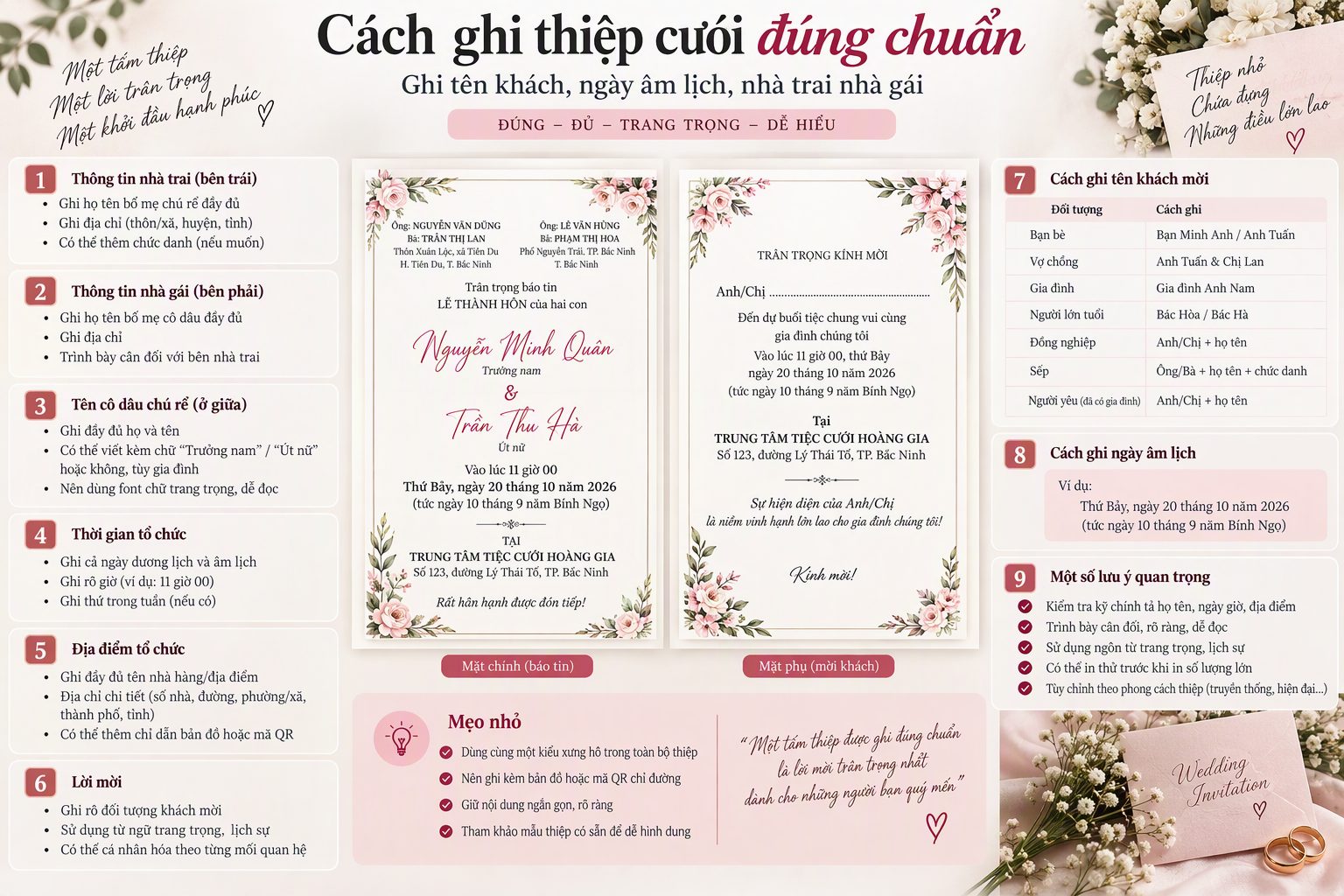 Cách ghi thiệp cưới đúng chuẩn: ghi tên khách, ngày âm lịch, nhà trai nhà gái