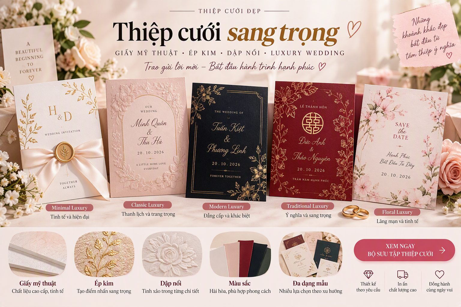 Thiệp cưới sang trọng: Cách chọn giấy, ép kim, dập nổi và mẫu thiệp cao cấp